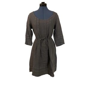 Talia‎ Benson Italy Gray Linen Pleated Tie Waist Dress Preppy Coastal Travel M